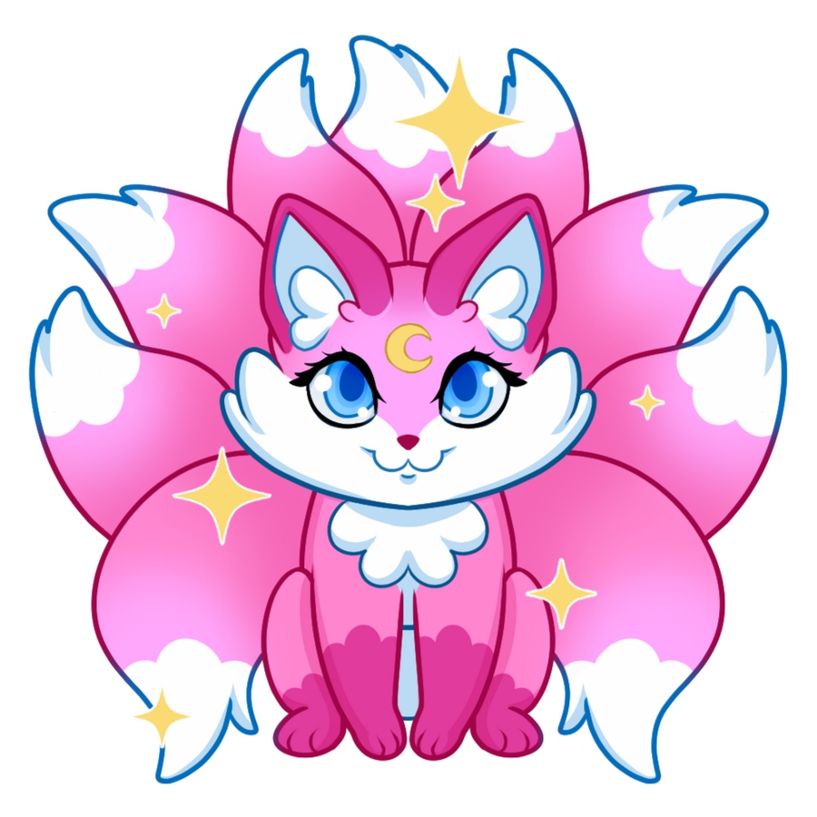 Rouge Fox Logo a pink 9 tailed fox with sparkles and a crescent moon on its forehead