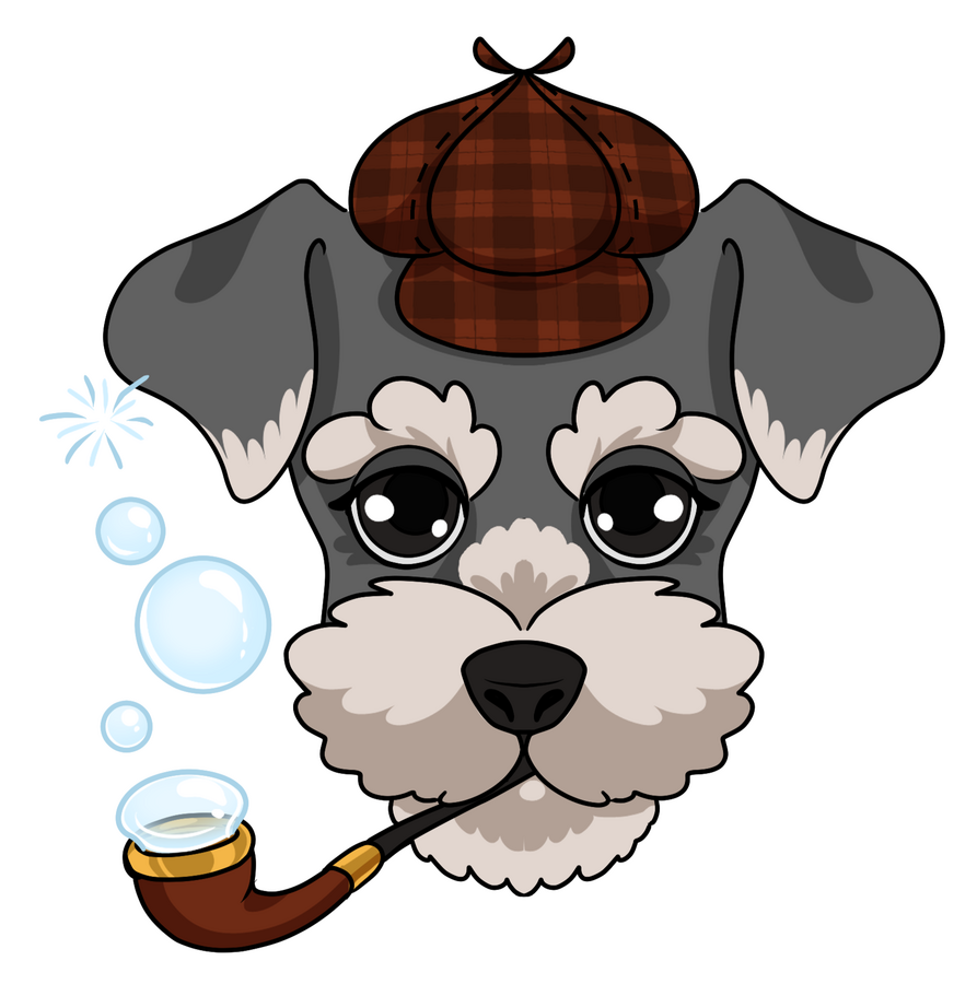 Sherlock Bones for Meg Rhodes a mini schnauzer's face wearing a sherlock holmes hat and a bubble pipe